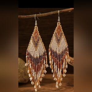 Handcrafted Brown White Bohemian‎ Barbiecore Beaded Fringe Earrings-(#0162)
